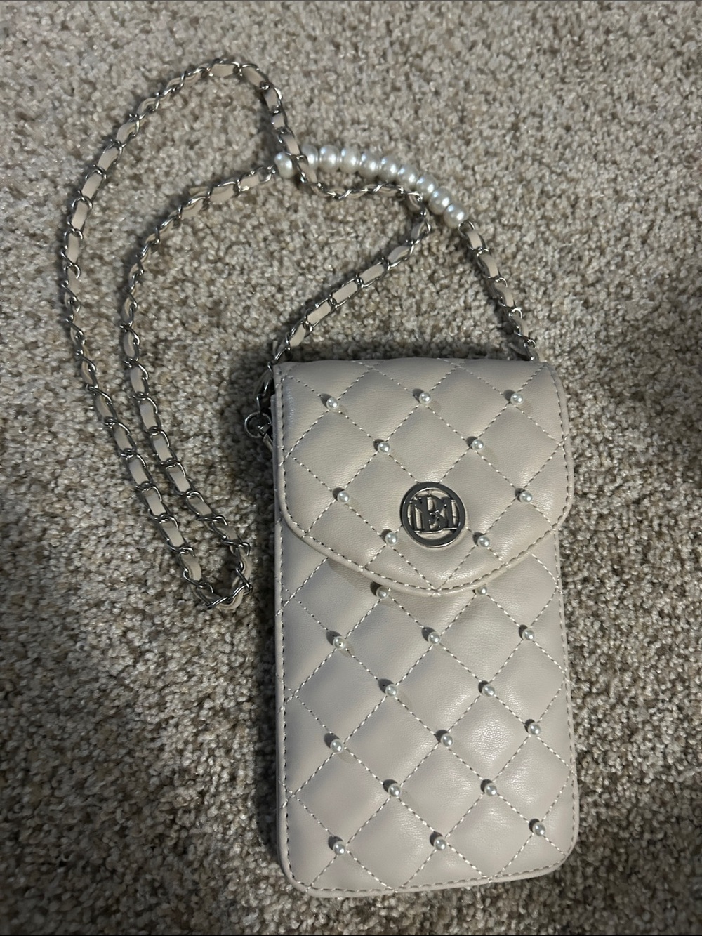 Quilted Pearl-Accent Mini Crossbody Phone Bag in Light Beige